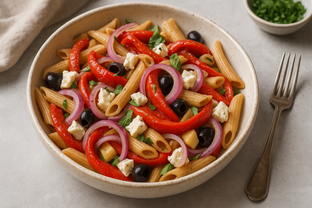 röstitud paprika ja fetajuustuga pastasalat